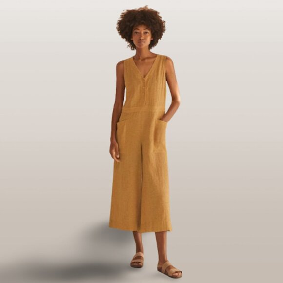 Poetry Linen Blend Jumpsuit Mustard Yellow Crinkle Sleeveless Cropped Wide Leg-6 - Picture 1 of 7